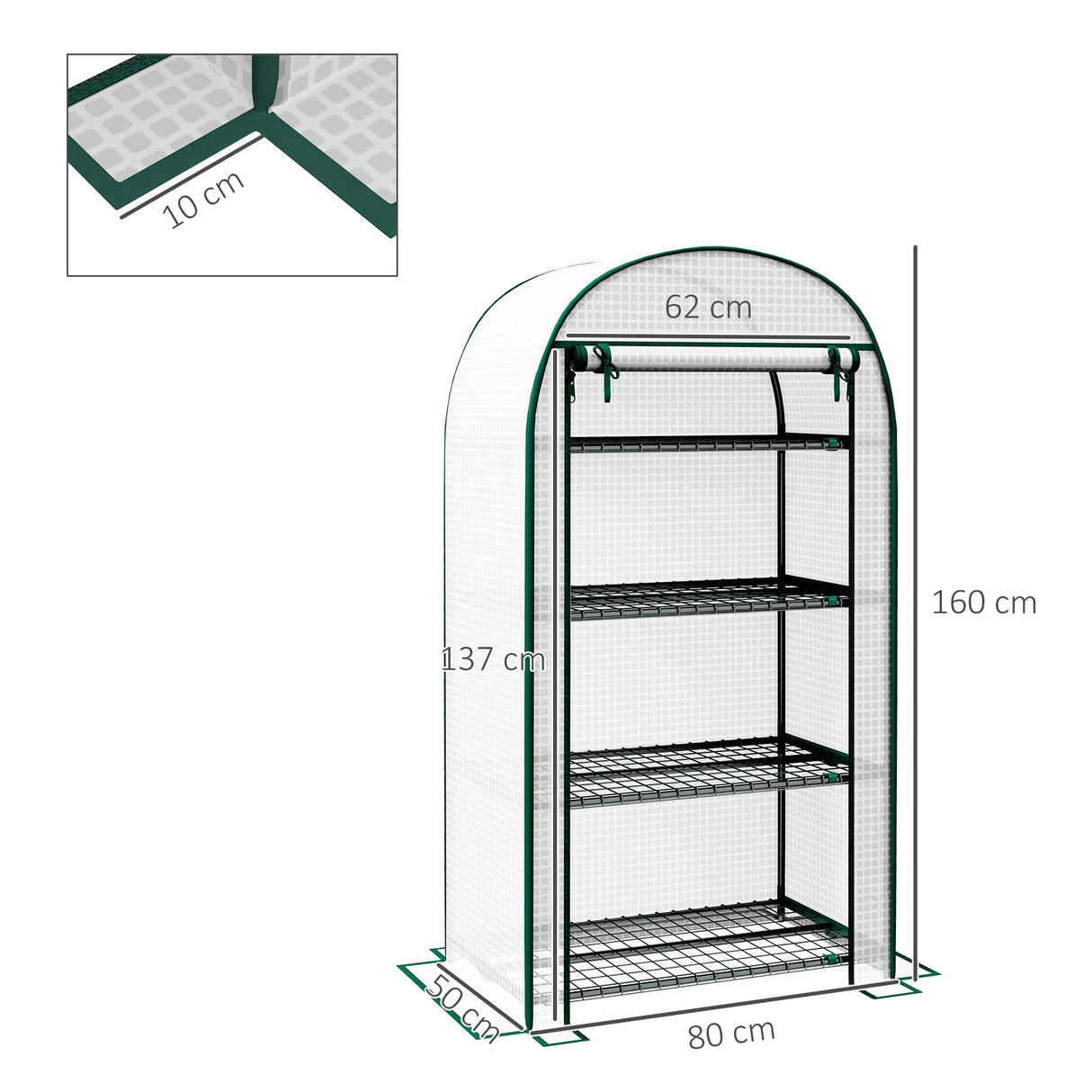 Outsunny 4 Tier Mini Greenhouse for Outdoor, Portable Gardening Plant Green House with Storage Shelf, Roll-Up Zipped Door, Metal Frame and PE Cover, 80 x 49 x 160cm, White