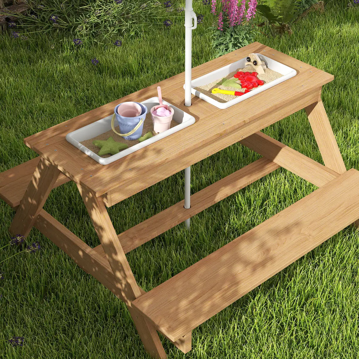 AIYAPLAY Kids Picnic Table, Sand and Water Table with Wooden Benches, Adjustable Parasol and Storage Bins, Multicolour
