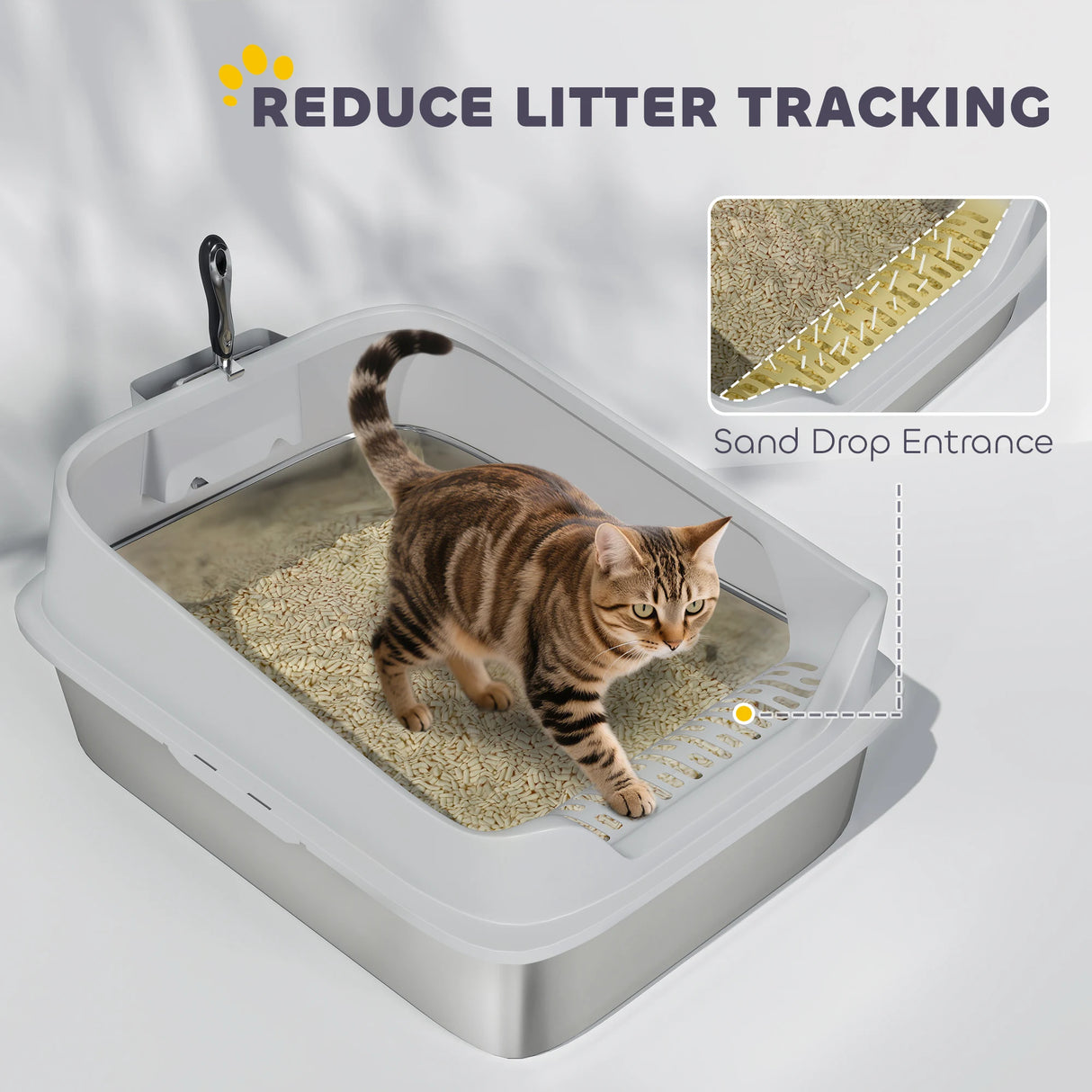 PawHut XXL Stainless Steel Cat Litter Box with High Sides, Metal Scoop, 70 x 50 x 30 cm
