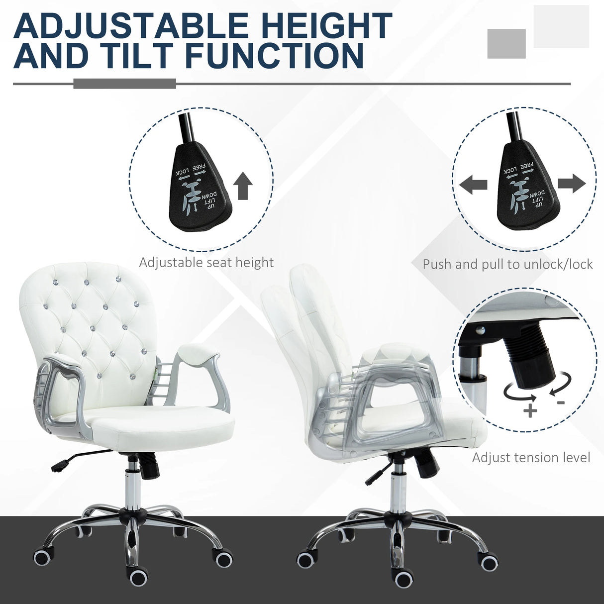Vinsetto Office Chair Ergonomic 360 Swivel PU Diamante Padded Base 5 Castor Wheels for Home Work White