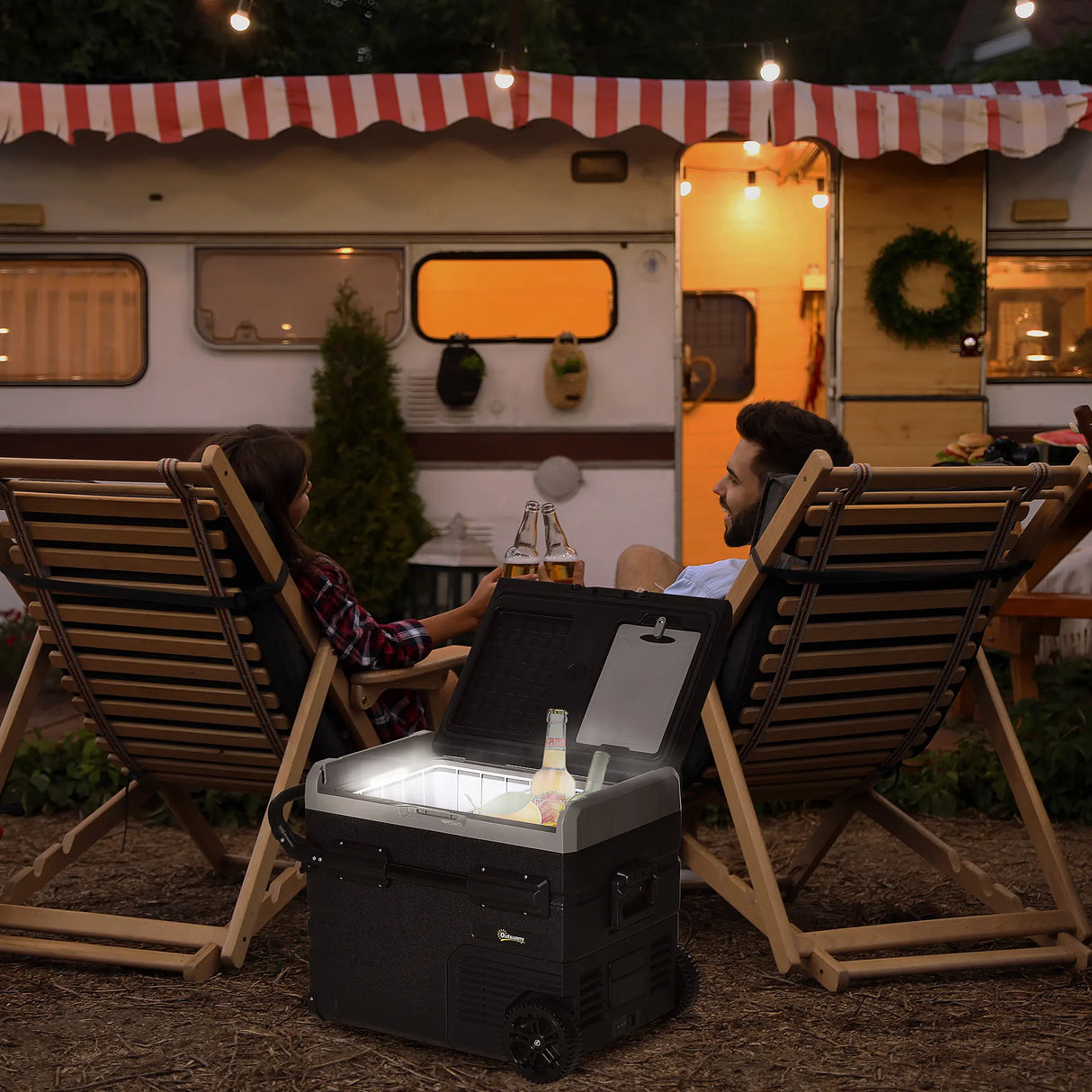 Outsunny 50L Car Refrigerator, Portable Compressor Cooler Box, Fridge Freezer w/ Inner LED Light, Foldable Handles, Cup Holders, 12/24V DC and 110-240V AC for Campervan RV Boat Travel Down to -20