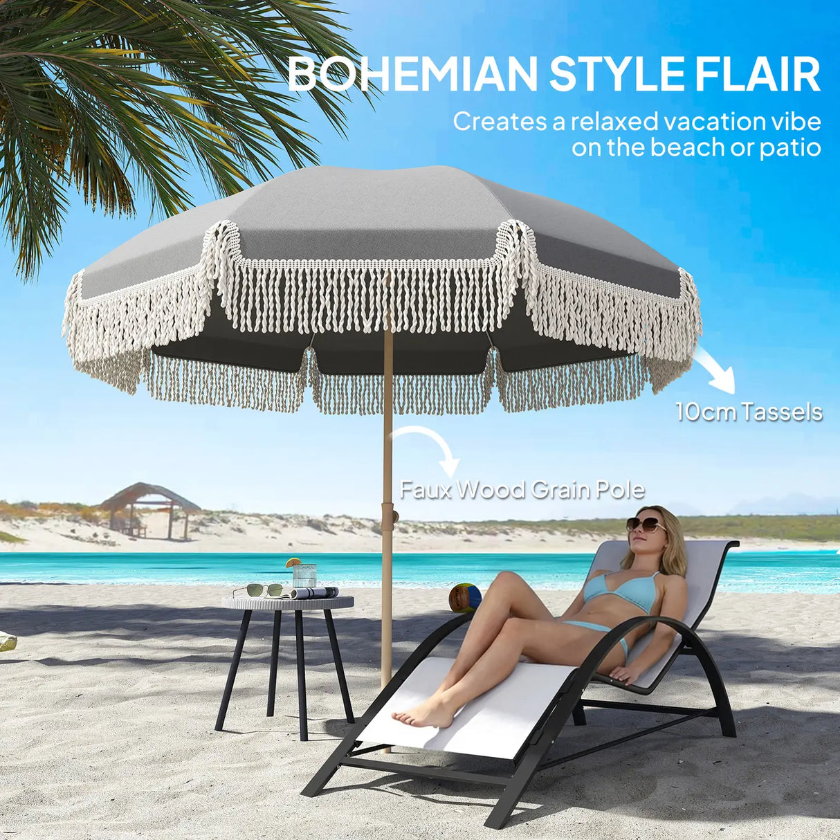 Outsunny 1.7 m Beach Umbrella with Sand Anchor, 30 Tilting Fringed Beach Garden Parasol with Adjustable Height, Grey