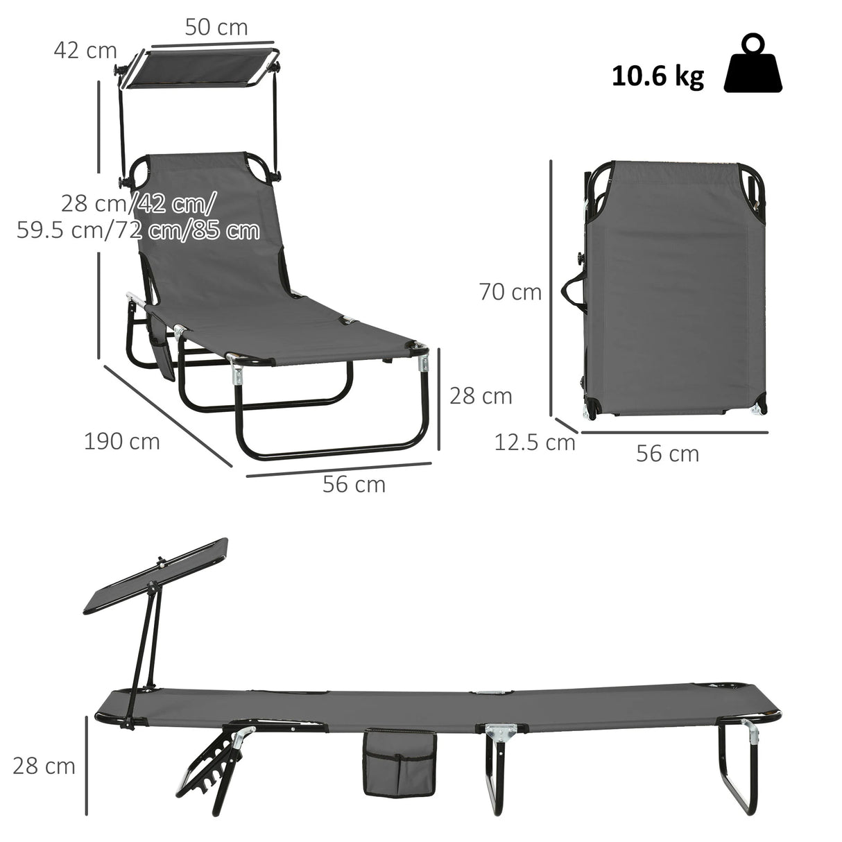 Outsunny Set of Two Folding Sun Loungers, with Adjustable Backs and Sun Canopies - Grey