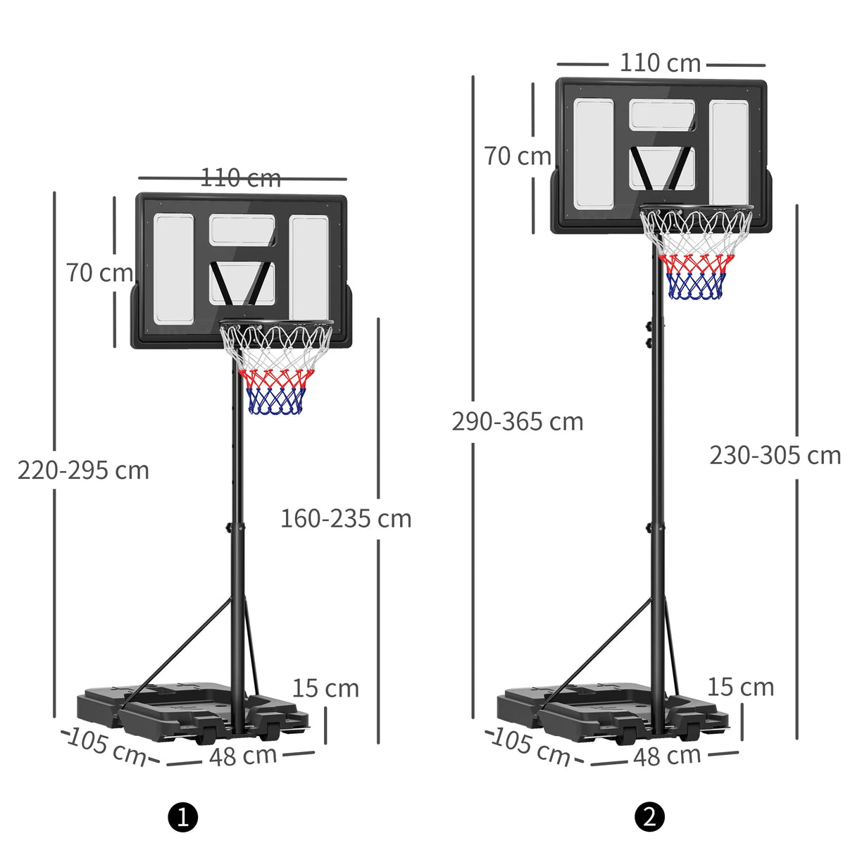 SPORTNOW 2.3-3.05m Basketball Hoop and Stand, with Weighted Base, Wheels, Black