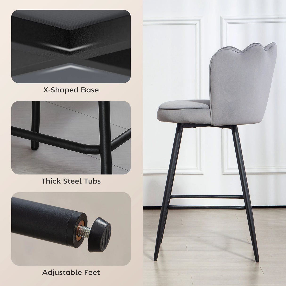 HOMCOM Set of Two Velvet-Feel Lotus Bar Stools - Grey