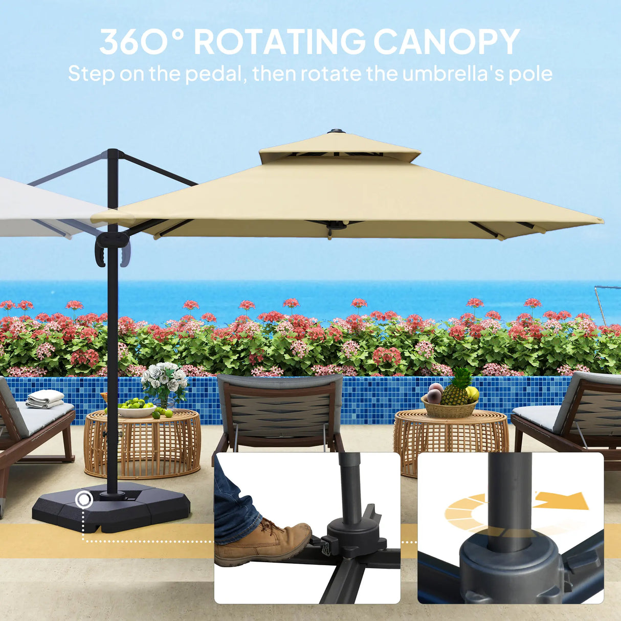 Outsunny 2.7 x 2.7 m Cantilever Parasol with Aluminium Frame, Crank and Tilt, 360-Degree Rotation, Double Top Garden Umbrella with Base and Cover, Khaki
