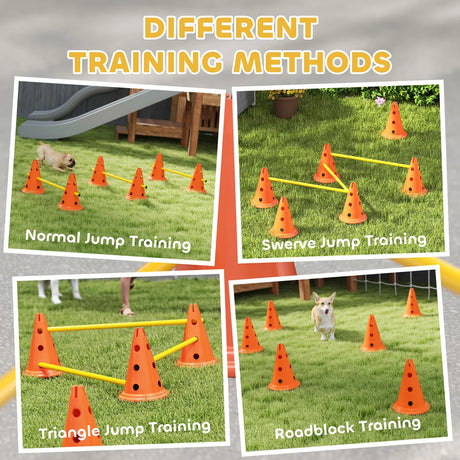 PawHut Dog Agility Equipment Set of Six Cones, Six Poles with Carry Bag, Three-Piece Adjustable Height Jumping Obstacles Orange