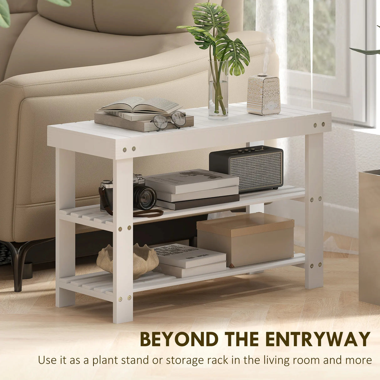 HOMCOM Two Shelf Bamboo Shoe Storage Bench - White