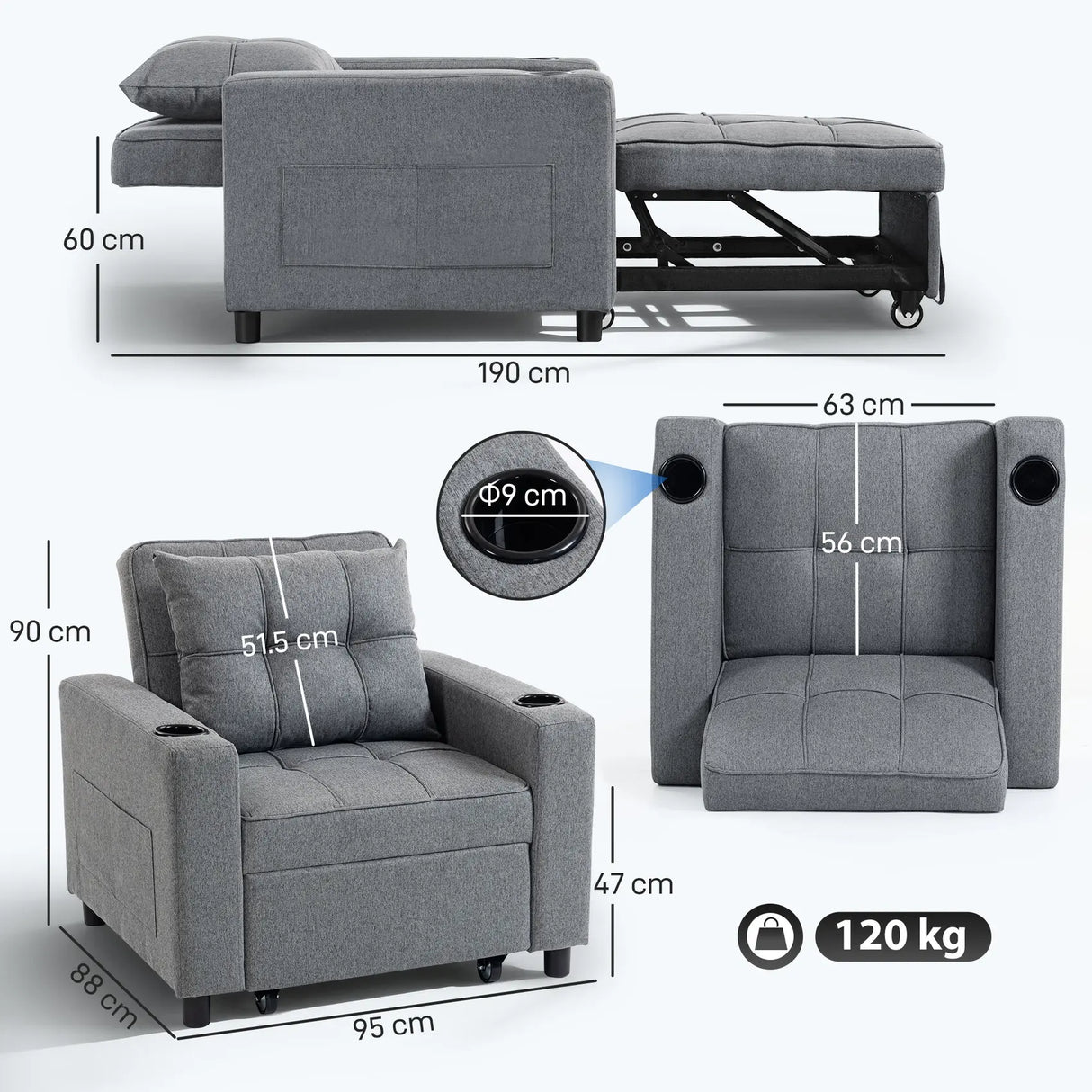HOMCOM 3-in-1 Single Sofa Bed, Convertible Sleeper Chair Bed - Dark Grey