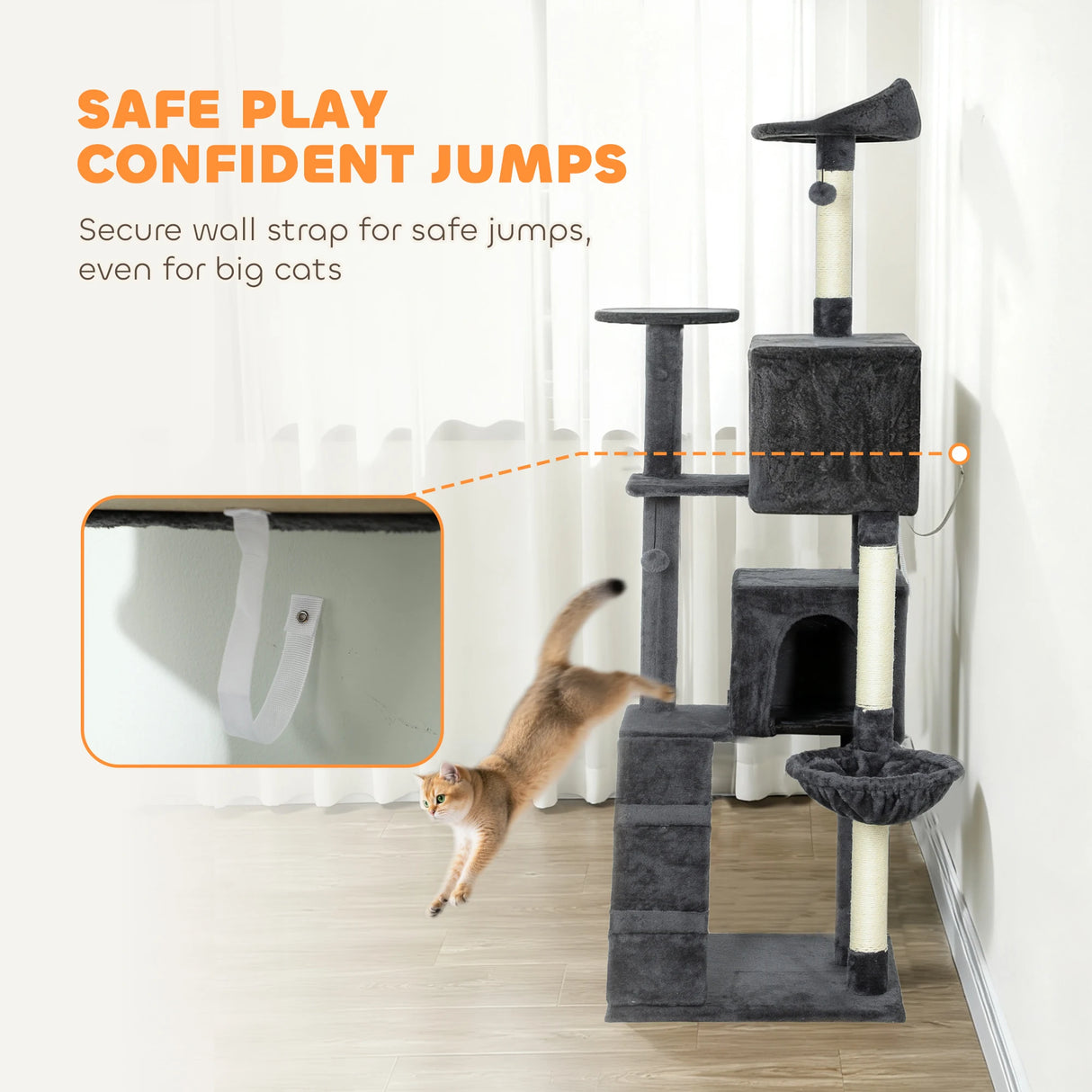 PawHut 180cm Large Cat Tree Tower with Sisal Scratching Posts, Condos, Plush Perches, Hammock, Ladder, Dark Grey