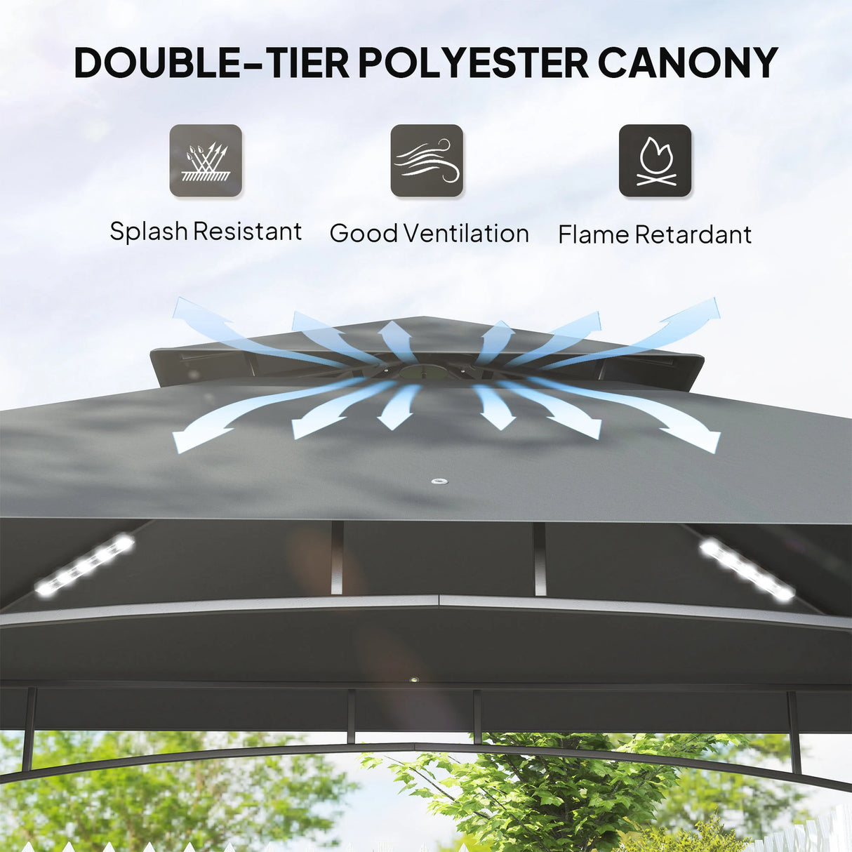 Outsunny 8' x 5' Grill Gazebo, Double Tiered BBQ Gazebo Shelter Canopy with LED Lights, 2 Side Shelves, Hooks, Dark Grey