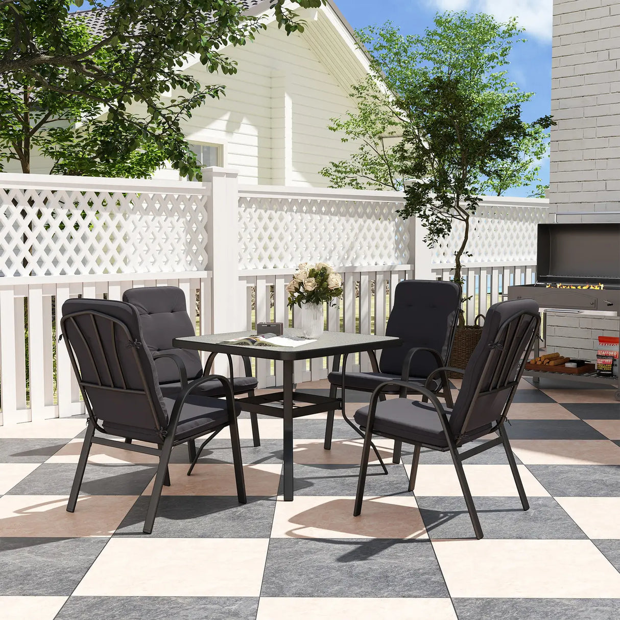 Outsunny 5 Pieces Outdoor Square Garden Dining Set w/ Tempered Glass Dining Table 4 Cushioned Armchairs, Umbrella Hole, Black