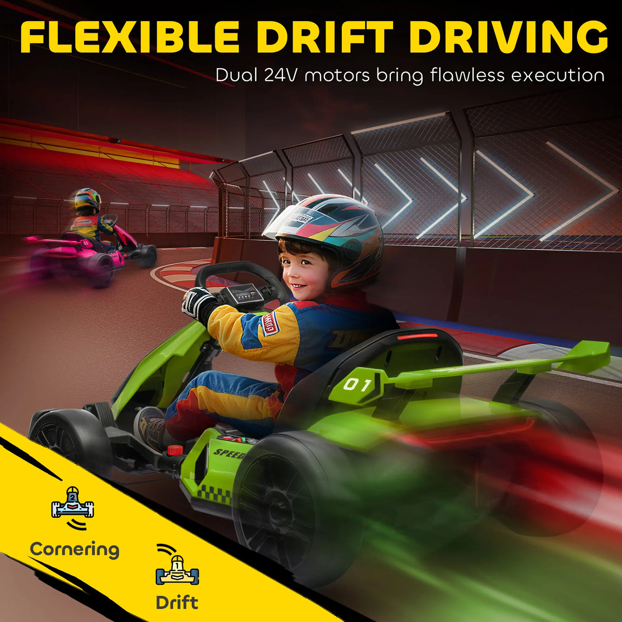 HOMCOM 24V Electric Go Kart for Kids with Adjustable Seat for 6-12 Years, Green