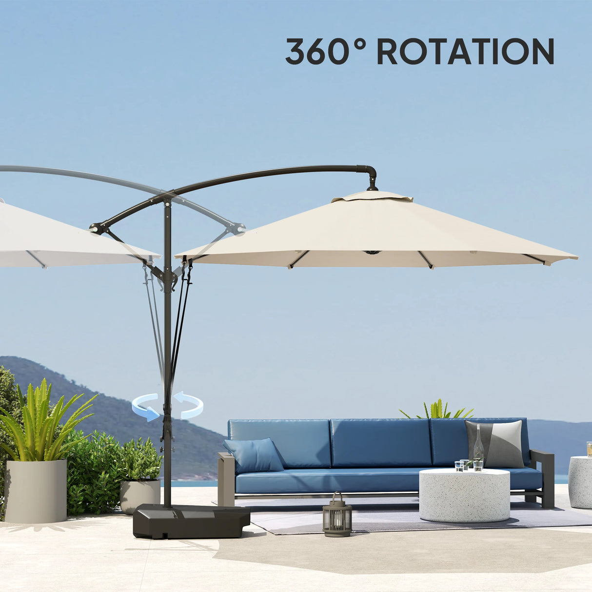 Outsunny 3(m) Garden Cantilever Parasol with Fillable Base up to 90kg, Wind Protection Strap, Cover, Round Banana Hanging Umbrella with Crank Handle and Tilt, UPF50+ Patio Umbrella, Cream