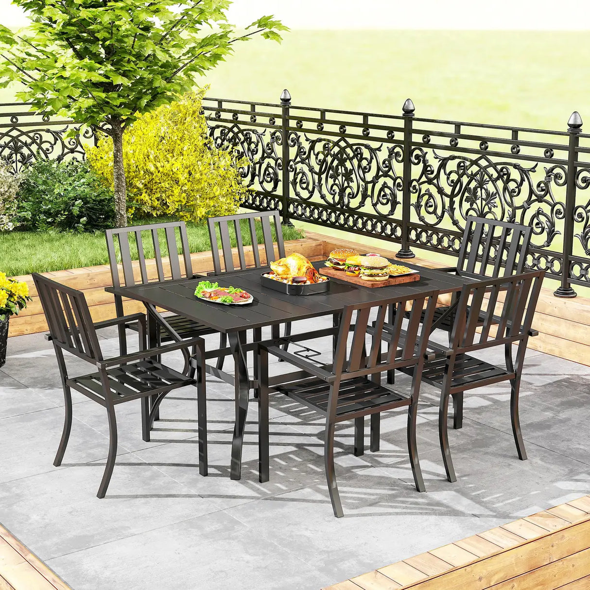 Outsunny 7 Pieces Garden Table and Chairs 6 Seater Outdoor Table and Chairs with Umbrella Hole, for Poolside, Garden, Black