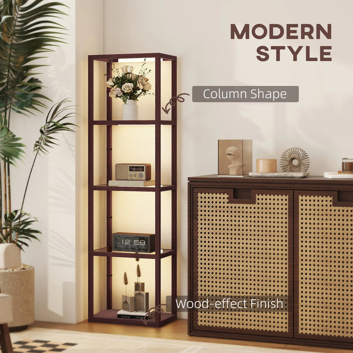 HOMCOM LED Floor Lamp with Glass Shelves, 4 Layers Dimmable Tall Standing Lamp, Modern Column Shelf Floor Light for Living Room, Bedroom, Office, Dark Brown