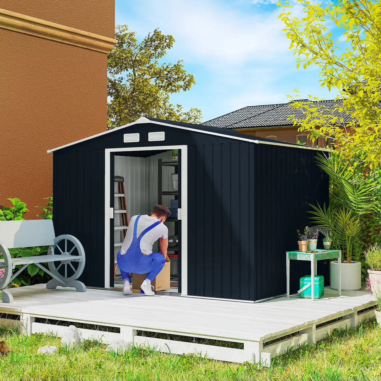 Outsunny 9 x 6ft Metal Bicycle Shed, Outdoor Storage Tool House with Ventilation Slots, Foundation Kit and Lockable Double Doors, Dark Grey
