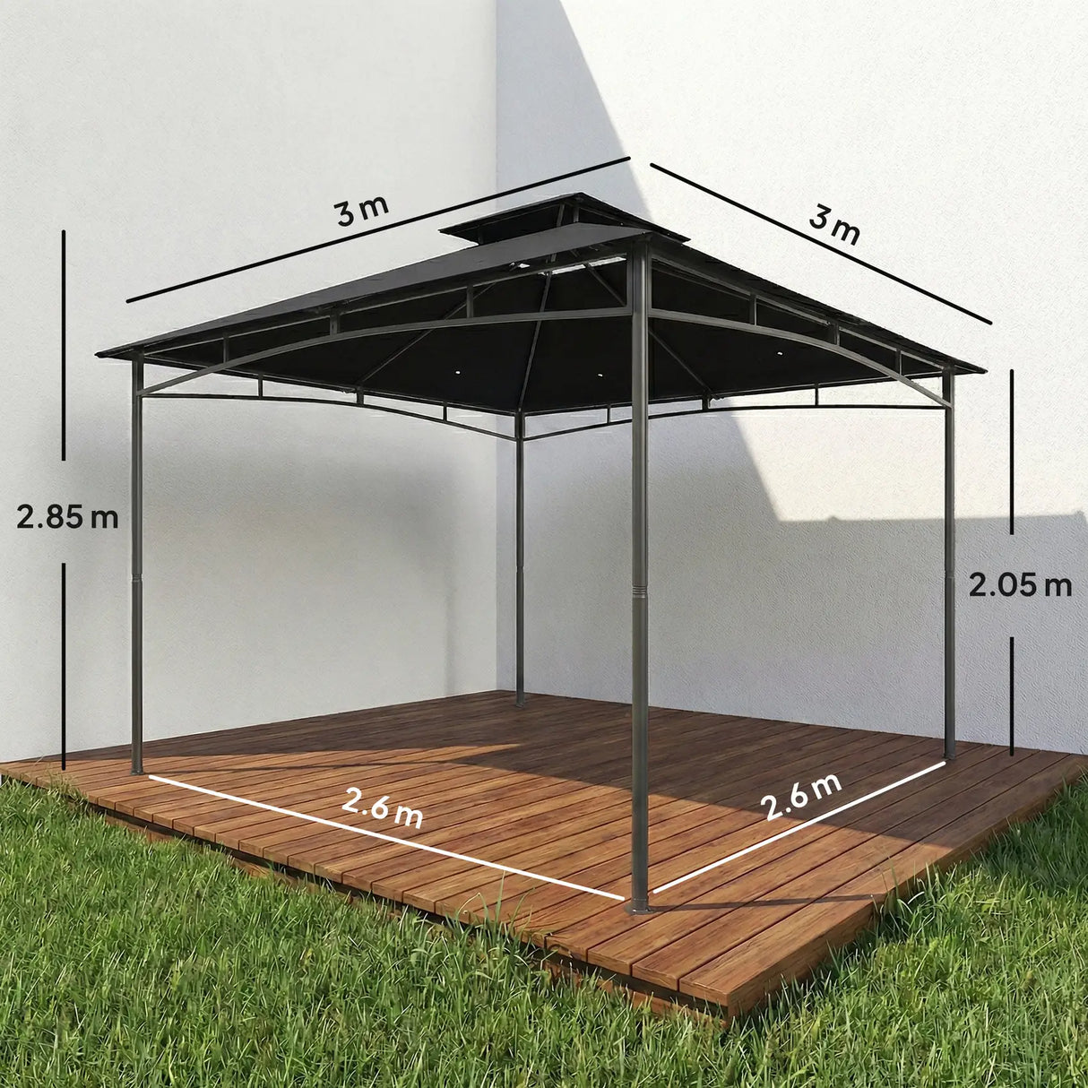 Outsunny 3 x 3 m Gazebo, Garden Gazebo with 2-Tier Roof, Metal Frame, Black