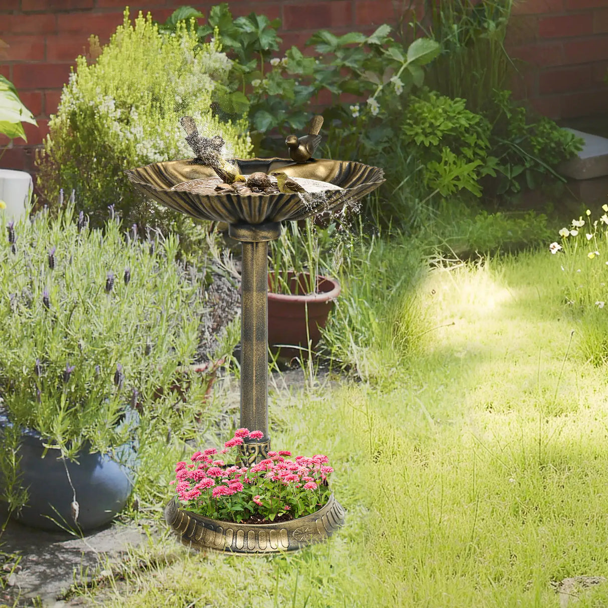 Outsunny 81cm Tall Bird Bath with 2 Decorative Birds, Vintage Style Birdbath with Flower Planter Base, Bird Bath Bowl for Garden, Bronze Tone