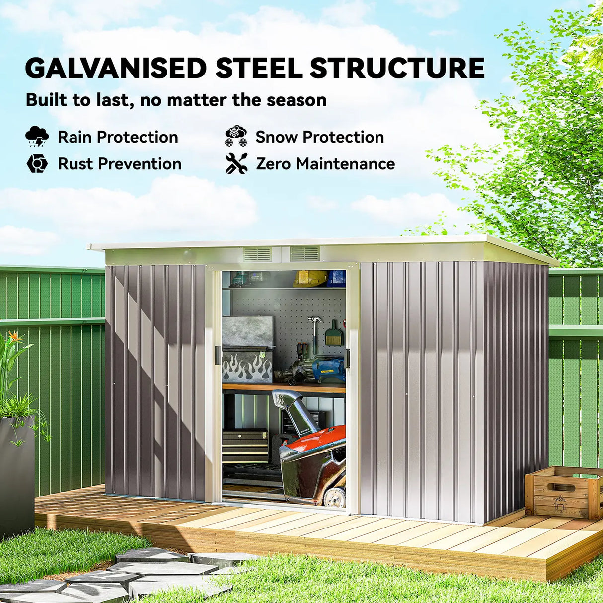 Outsunny Corrugated Garden Shed 9 x 4 Ventilated Lockable Tool Shed for Outdoor Equipment, Light Grey