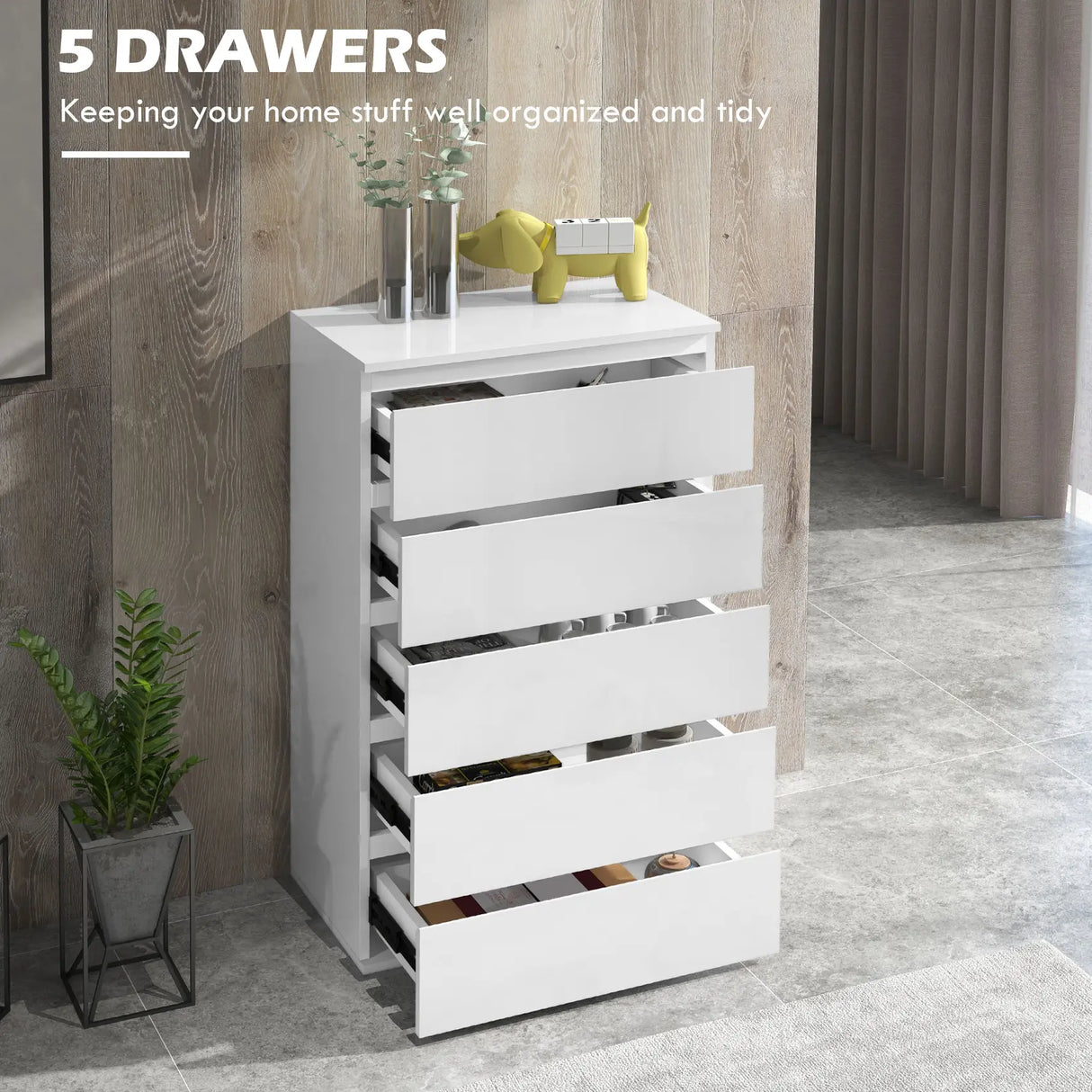 HOMCOM 5-Drawer Modern Dresser, High Gloss Storage Drawer Unit for Bedroom, White