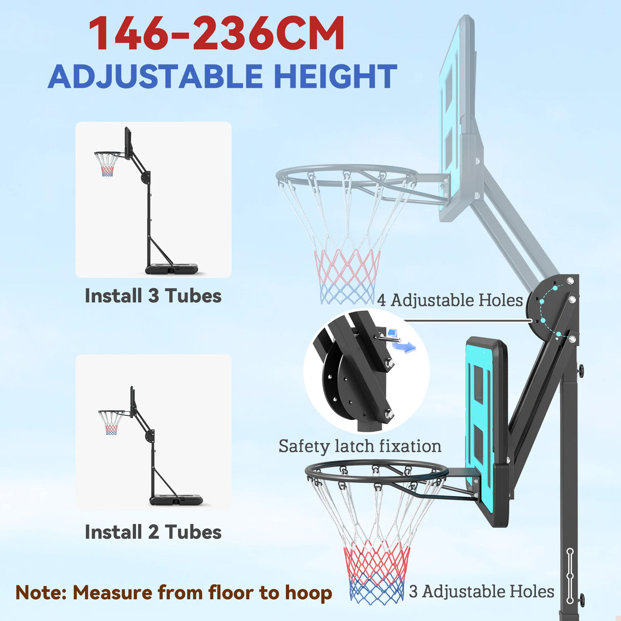 SPORTNOW Fully Adjustable Basketball Hoop Outdoor, 146-236cm Basketball Hoop and Stand with Weighted Base and Shatterproof Backboard, Portable on Wheels for Junior, Adults
