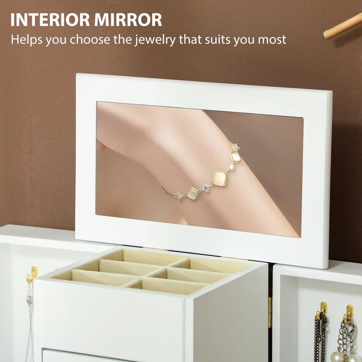 HOMCOM 4-Tier Jewellery Box with Mirror and 2 Drawers - White