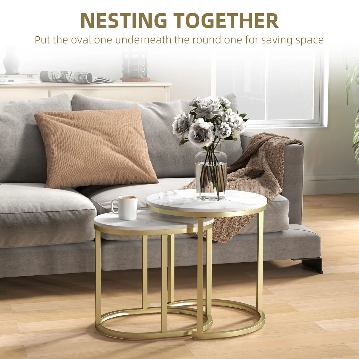 HOMCOM Marble-Effect Nest of Tables - Gold Tone/White