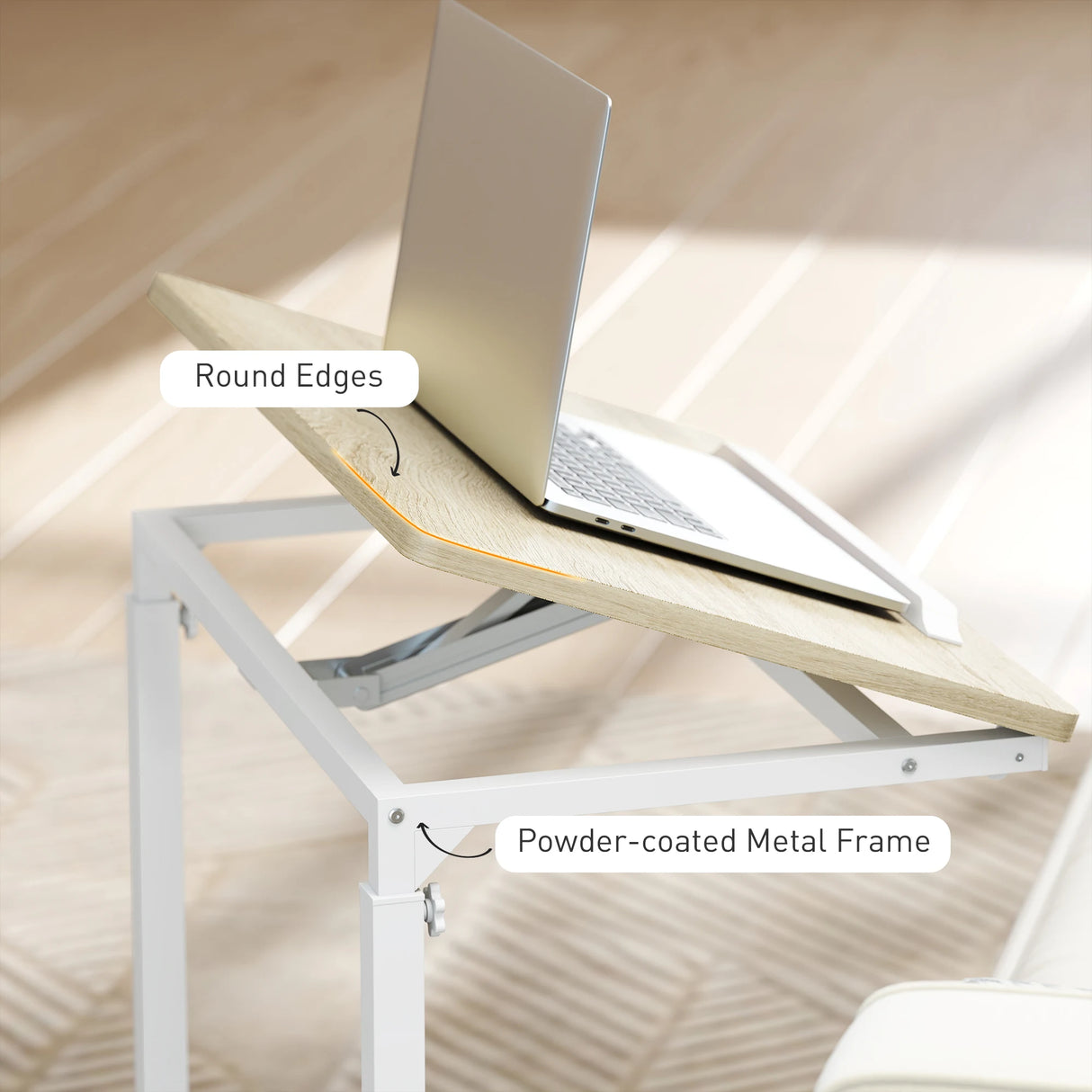 HOMCOM C-Shaped Sofa Side Table, Height Adjustable Overbed Table with Tilting Desktop, Mobile Laptop Desk for Living Room Bedroom, Oak and White