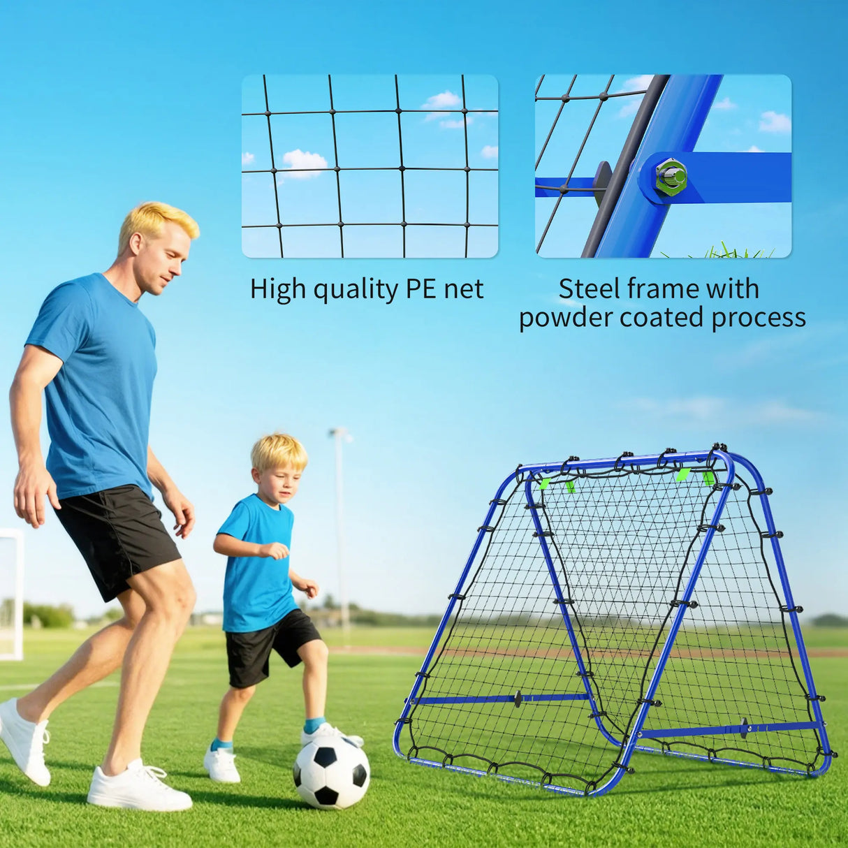 HOMCOM Double Sided Football Rebounder Net, Football Rebound Goal with Five Adjustable Angles, Blue