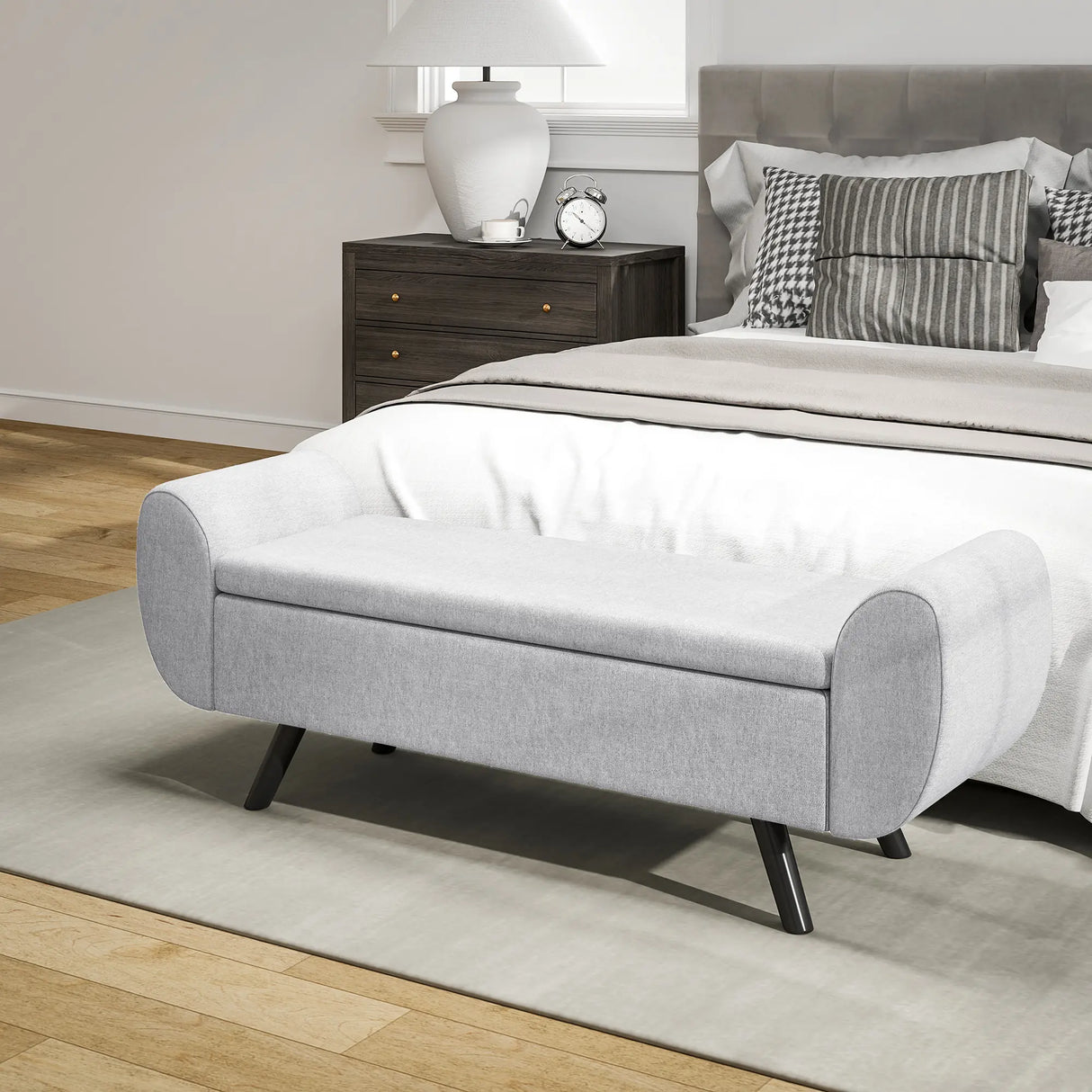 HOMCOM Storage Ottoman with Armrest, Upholstered Linen Storage Bench, Window Seat with Rubberwood Legs, Footstool for Bedroom Living Room, Hallway, Light Grey