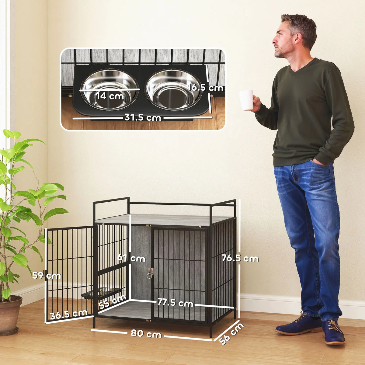 PawHut Dog Crate Furniture with Rotating Bowl Holder, 2 Bowls, 2 Doors, for Medium Dogs, 80 x 56 x 76.5 cm, Grey