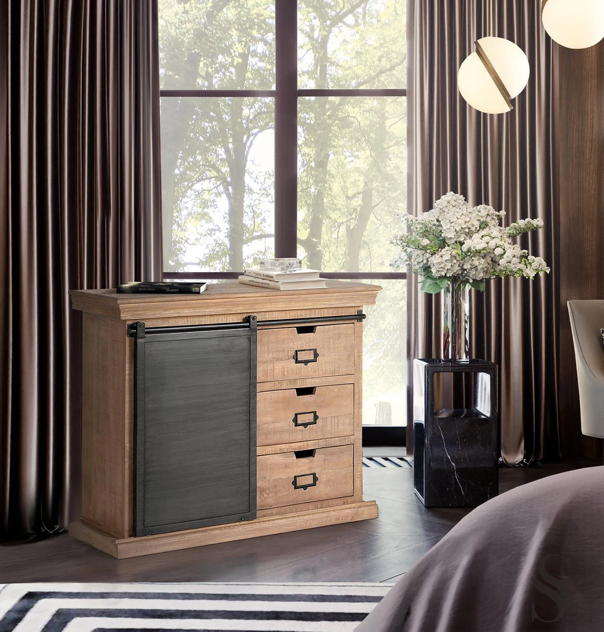 Giner and Colomer - Mango Wood & Metal Chest Of Drawers With Sliding Door