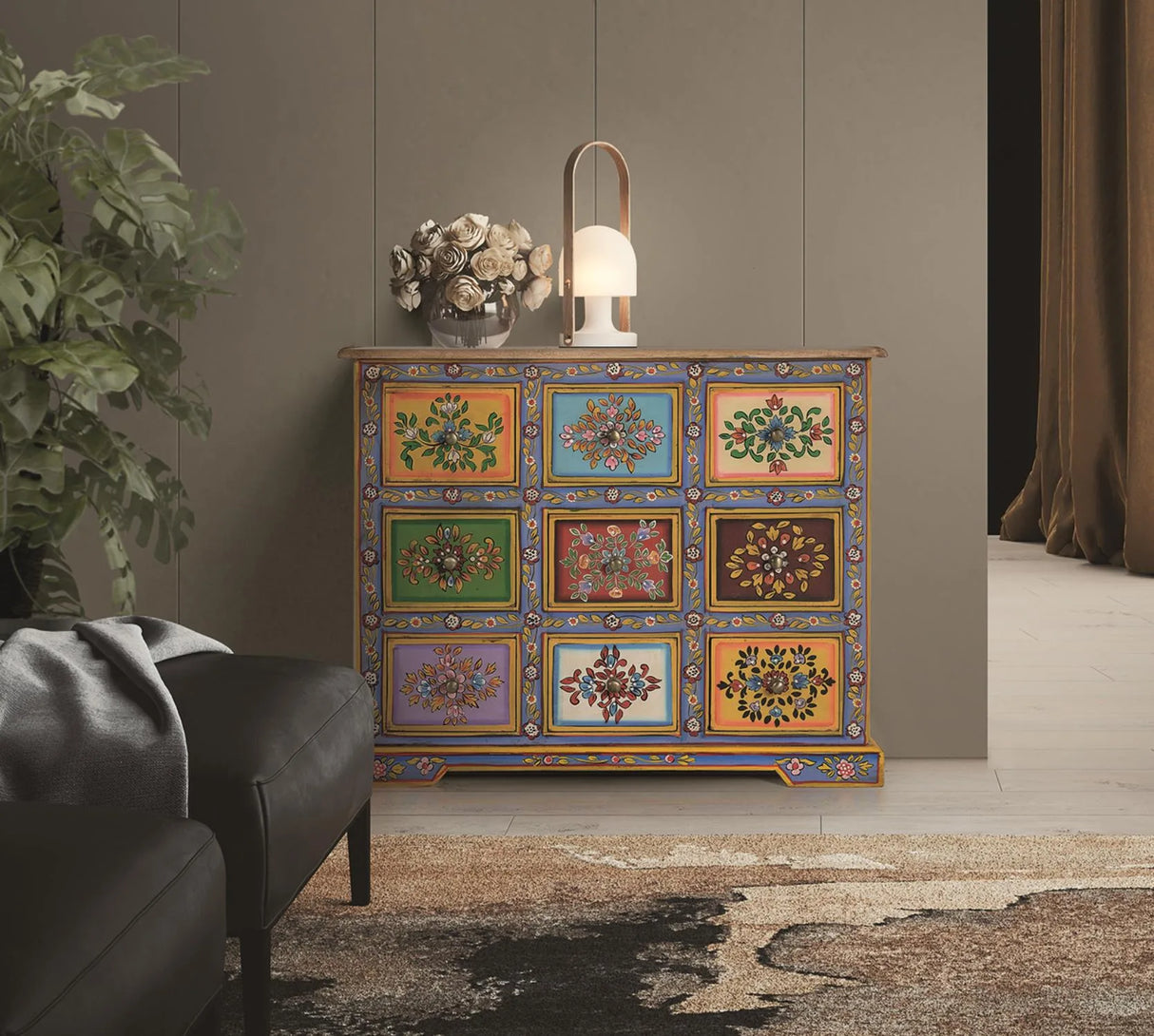 Giner and Colomer - 9-Drawer Mango Wood Chest With Hand-Painted Details