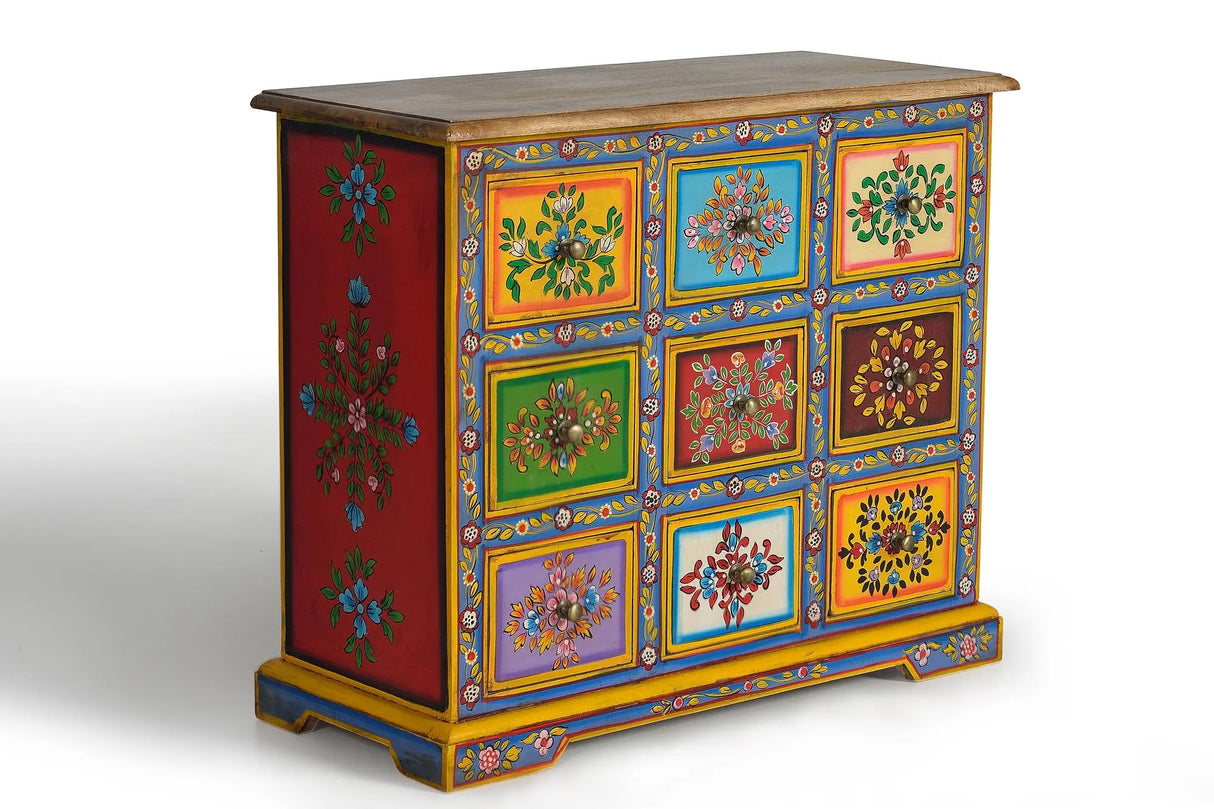 Giner and Colomer - 9-Drawer Mango Wood Chest With Hand-Painted Details