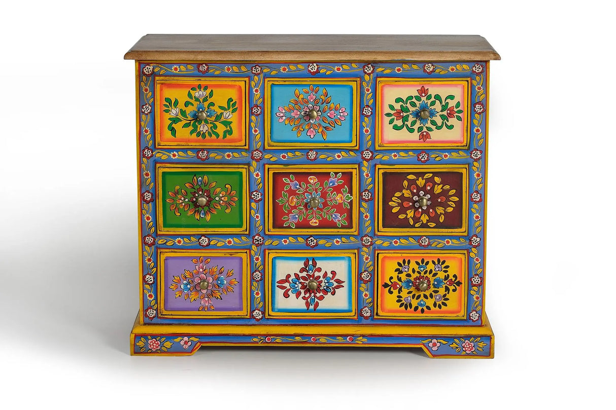 Giner and Colomer - 9-Drawer Mango Wood Chest With Hand-Painted Details