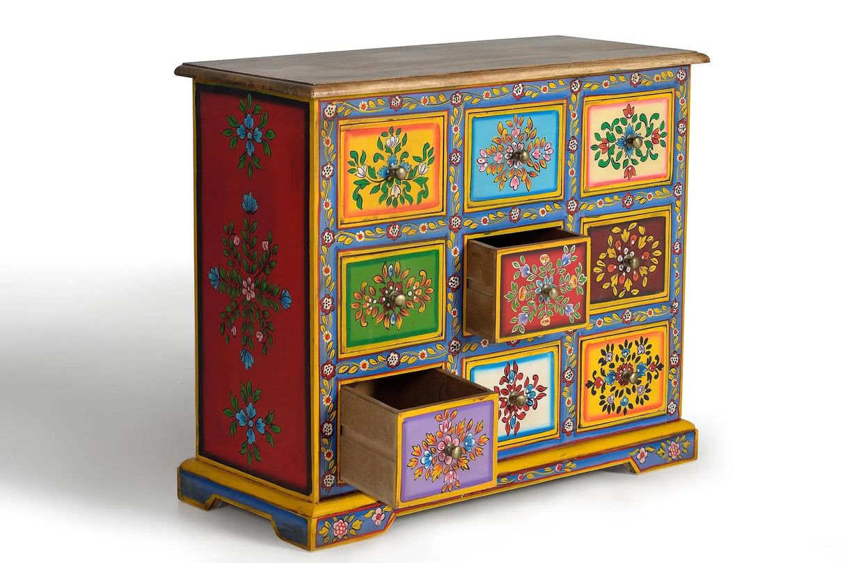 Giner and Colomer - 9-Drawer Mango Wood Chest With Hand-Painted Details