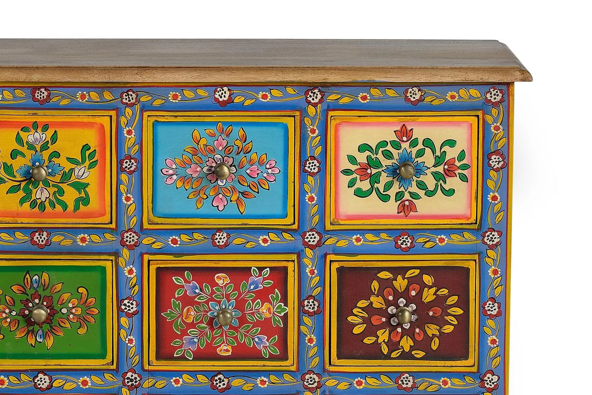 Giner and Colomer - 9-Drawer Mango Wood Chest With Hand-Painted Details