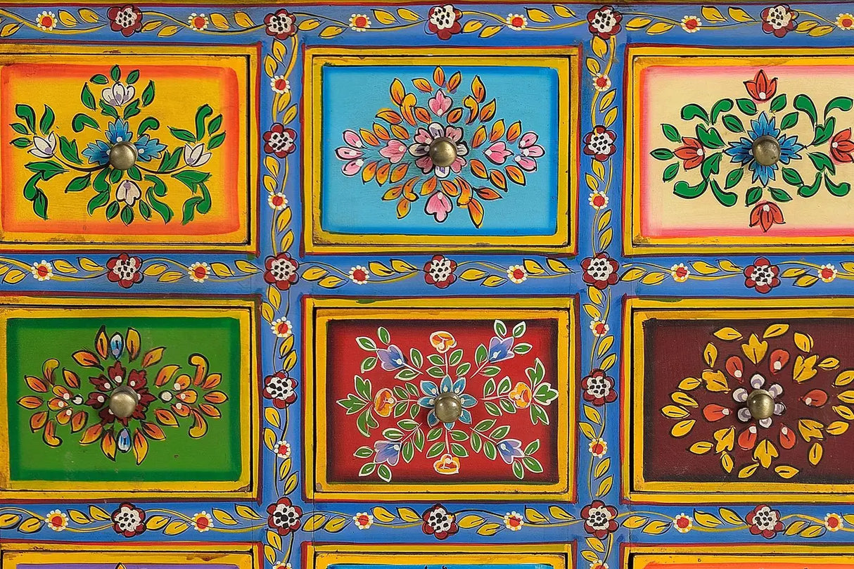 Giner and Colomer - 9-Drawer Mango Wood Chest With Hand-Painted Details