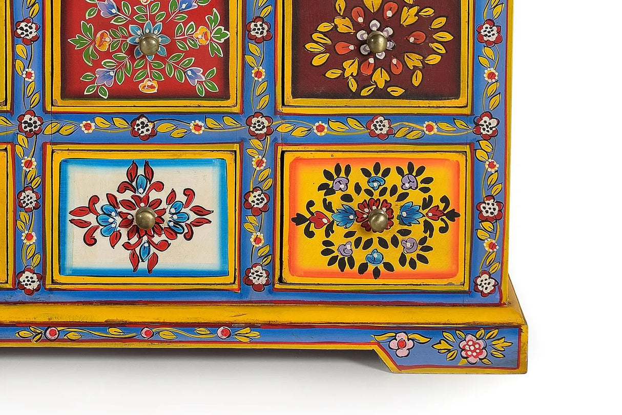 Giner and Colomer - 9-Drawer Mango Wood Chest With Hand-Painted Details