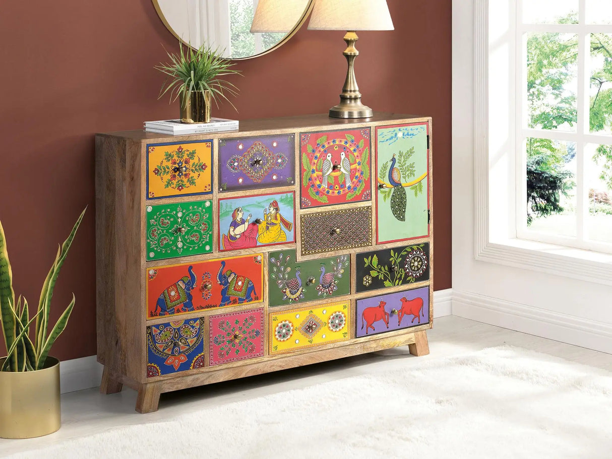 Giner and Colomer - 13-Drawer, 1-Door Mango Wood Chest With Hand-Painted Details