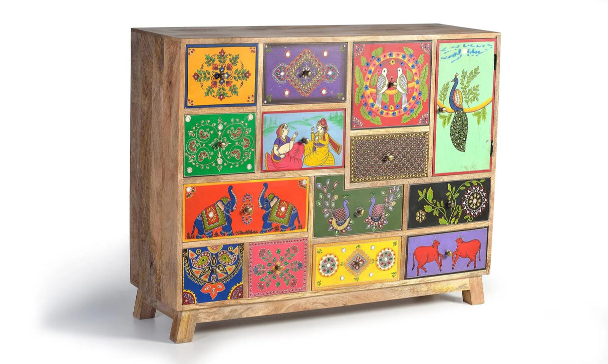 Giner and Colomer - 13-Drawer, 1-Door Mango Wood Chest With Hand-Painted Details