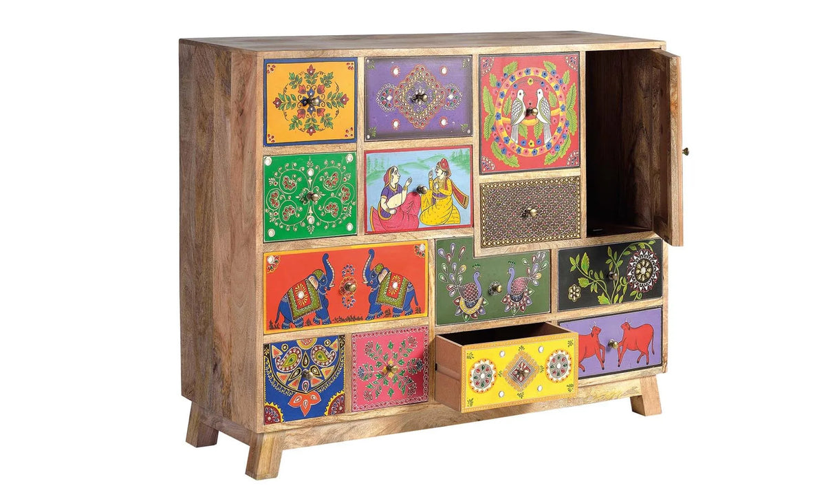 Giner and Colomer - 13-Drawer, 1-Door Mango Wood Chest With Hand-Painted Details