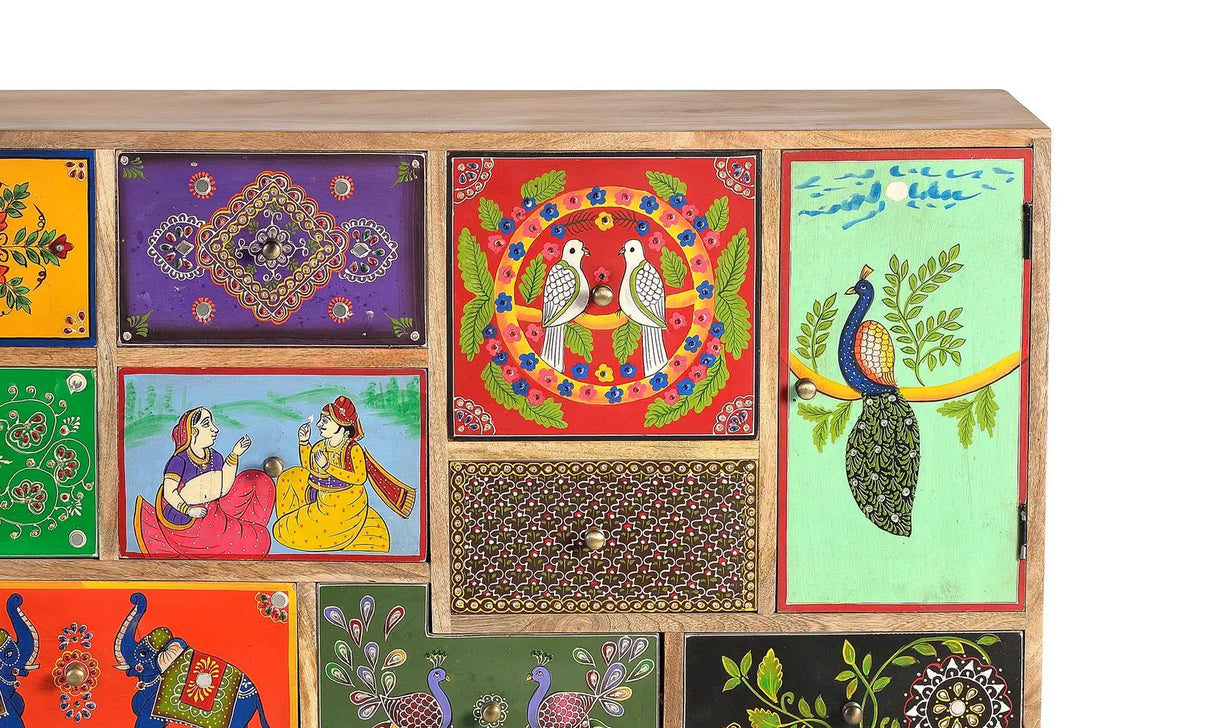 Giner and Colomer - 13-Drawer, 1-Door Mango Wood Chest With Hand-Painted Details