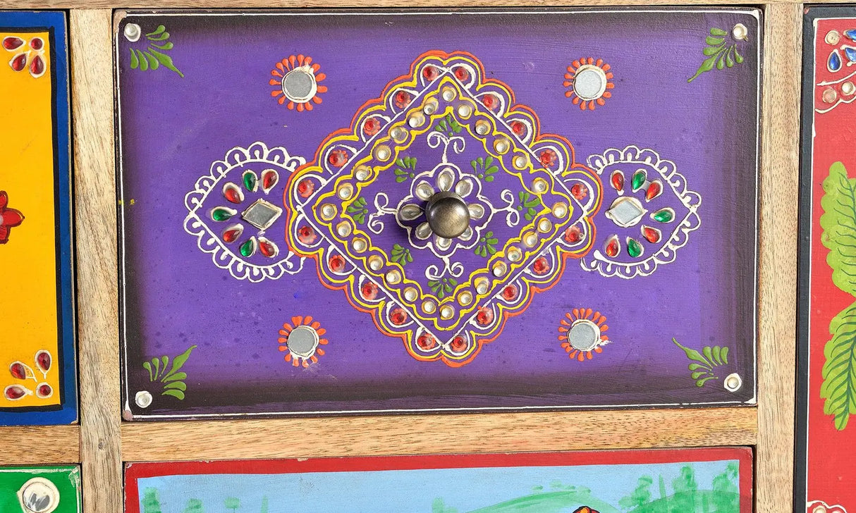 Giner and Colomer - 13-Drawer, 1-Door Mango Wood Chest With Hand-Painted Details