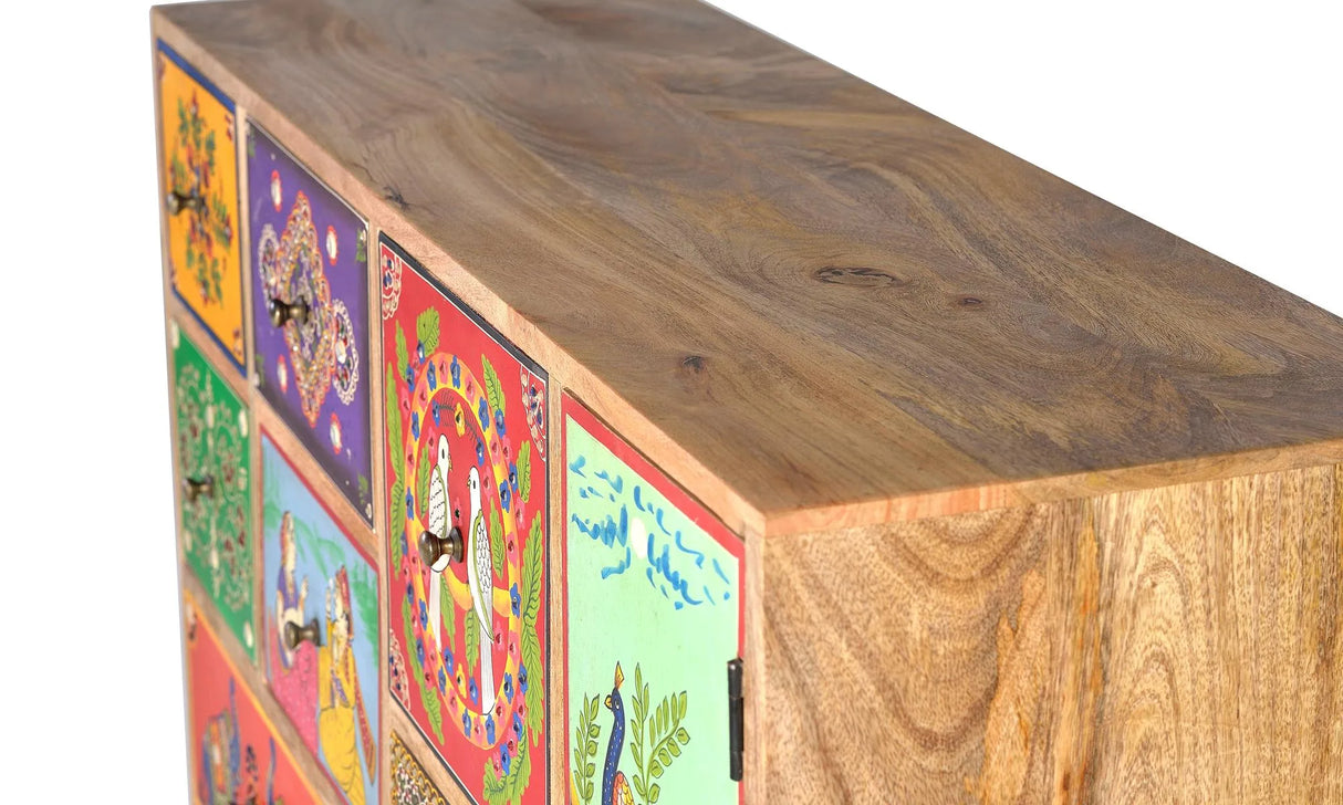 Giner and Colomer - 13-Drawer, 1-Door Mango Wood Chest With Hand-Painted Details