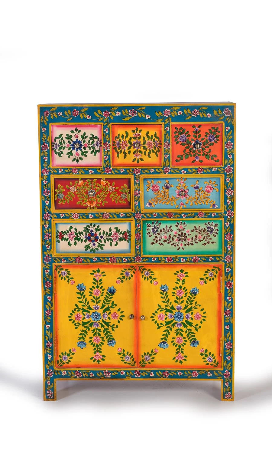 Giner and Colomer - 7-Drawer, 2-Door Mango Wood Chest With Hand-Painted Details