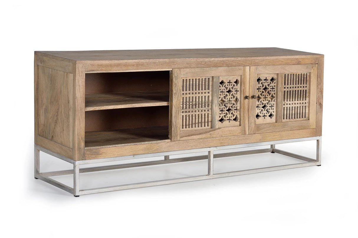 Giner and Colomer - Mango Wood TV Cabinet With 2 Sliding Doors & Metal Base