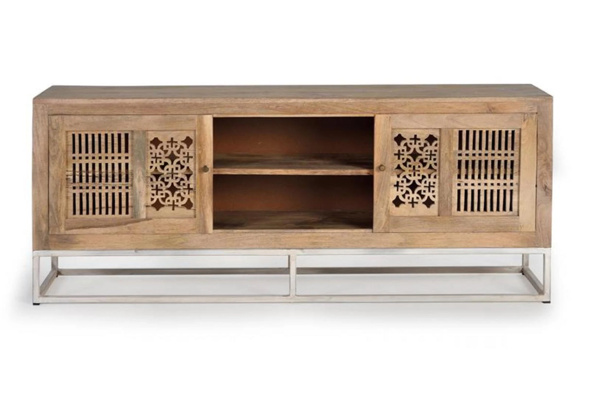 Giner and Colomer - Mango Wood TV Cabinet With 2 Sliding Doors & Metal Base