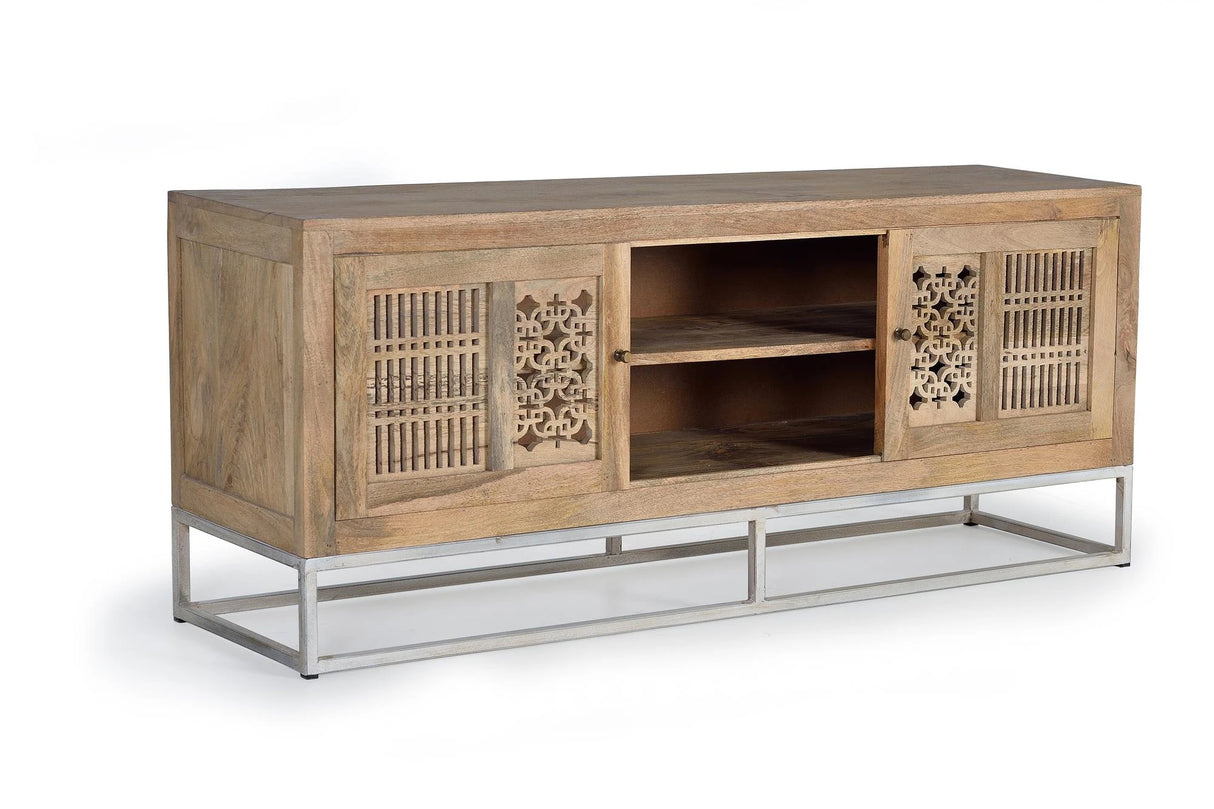 Giner and Colomer - Mango Wood TV Cabinet With 2 Sliding Doors & Metal Base